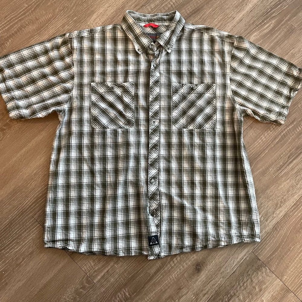 Americaware Mens Shirt XL Olive Green Plaid 100% Cotton Short Sleeve Button Up